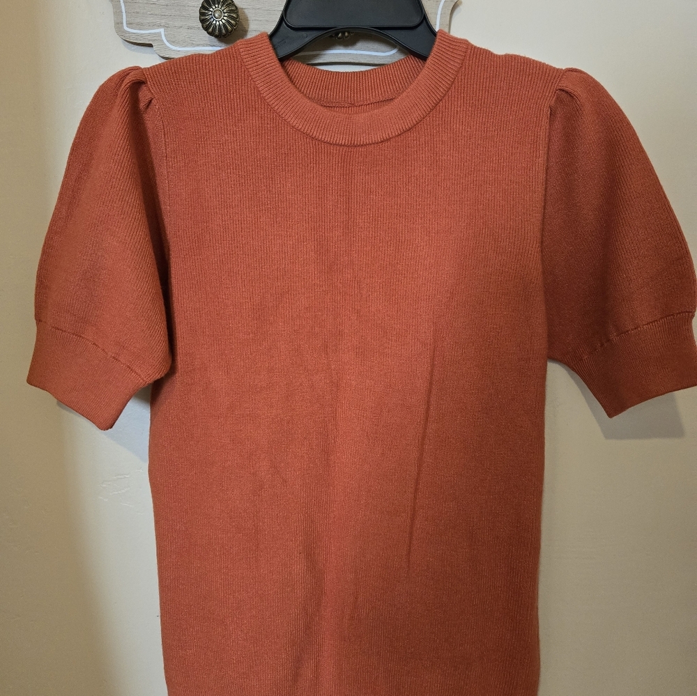 NWOT Women's Orange/Rust Short Sleeve sweater.  Women' size small. Puff Sleeve.